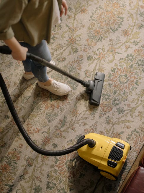 A person using a yellow and black vacuum cleaner to perform surface cleaning on a large, ornate area rug with floral patterns in a well-lit room. The individual is standing on the rug, wearing casual clothing and white sneakers, holding the vacuum hose with both hands. The rug's detailed design features muted tones of beige, green, and pink, and appears clean and well-maintained. Visible in the background are parts of furniture and a wooden floor, indicating a domestic setting. The scene showcases professional deep cleaning processes, emphasizing hygiene and maintenance, consistent with services offered by Carpet Cleaning Belsize Park as referenced on the page titled 'Rug cleaning guide for Belsize Park Gardens homes NW3, BELSIZE PARK'.